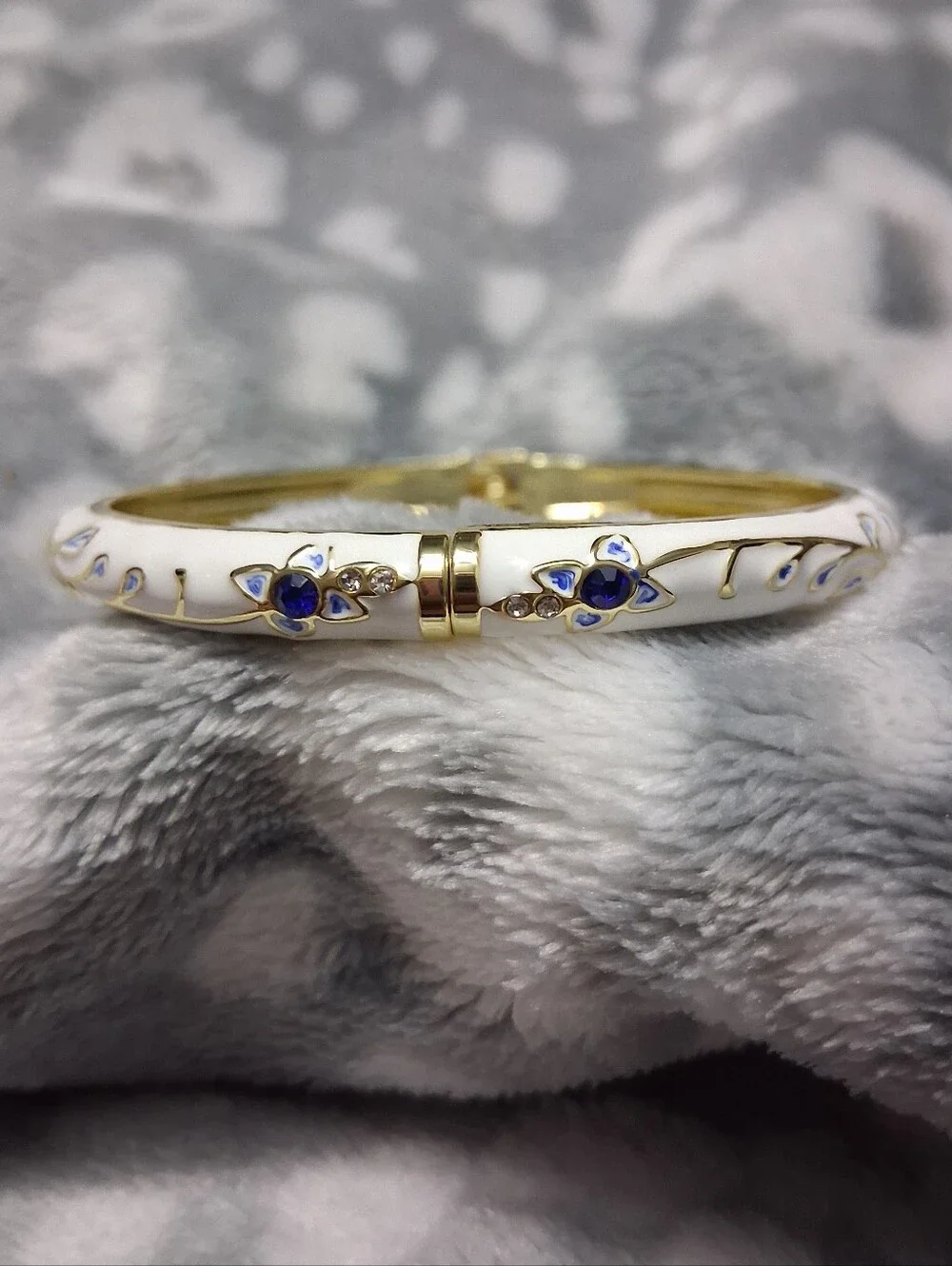 Elegant White Enamel Bangle Bracelet with Blue Floral Accents